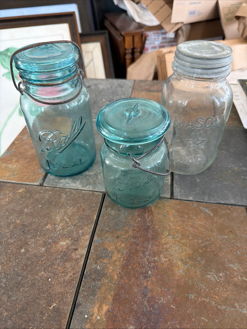 3 vintage Canning Jars Mason Star Quart, Ball Ideal #3 Pint, Ball Ideal #10 Qt